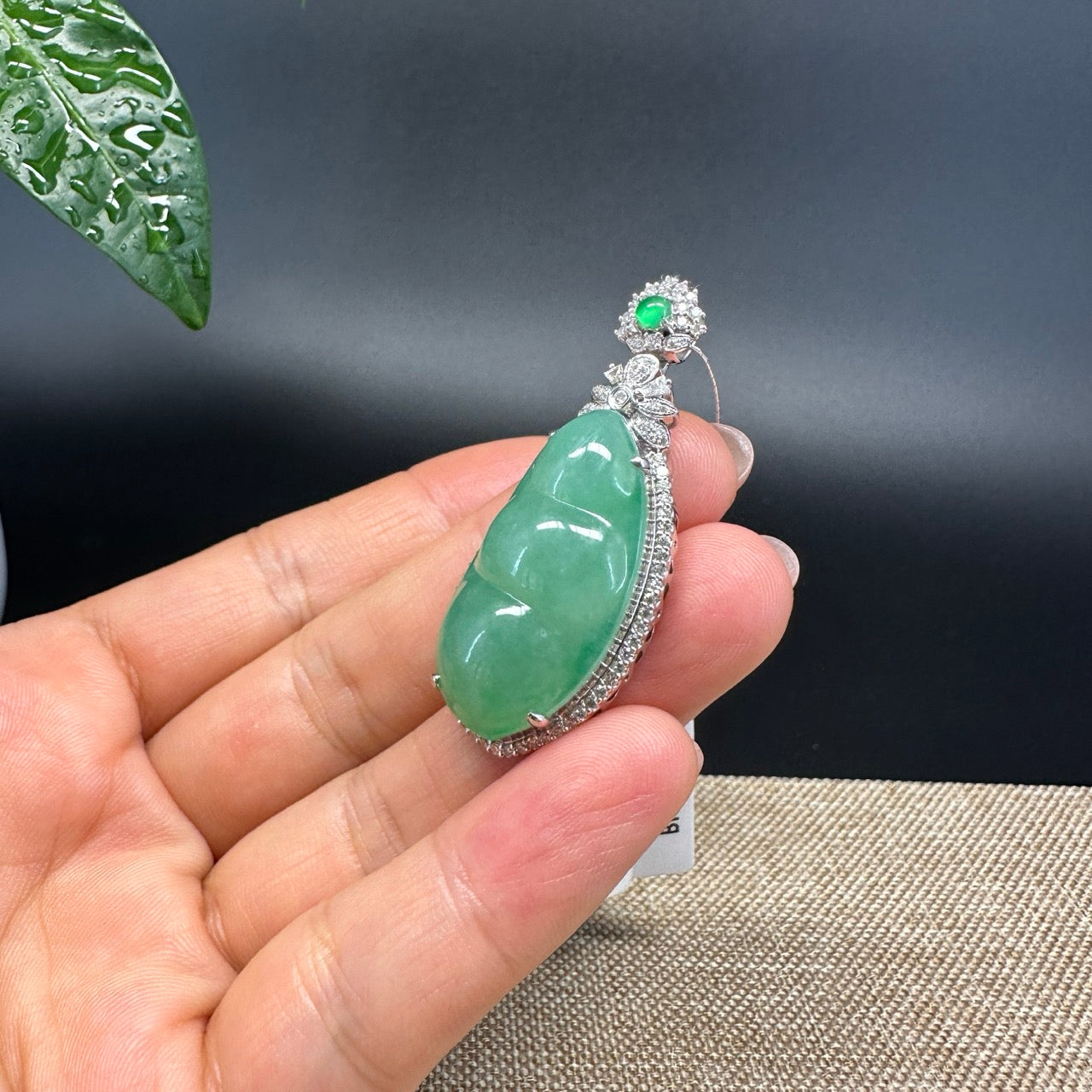 RealJade® Co. Genuine Burmese Green Jadeite Jade Fu Dou Pendant with 18k Rose Gold Diamond Bail