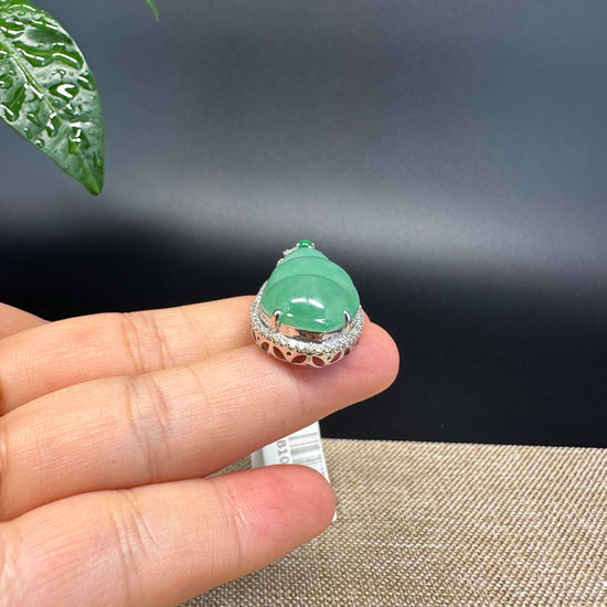 RealJade® Co. Genuine Burmese Green Jadeite Jade Fu Dou Pendant with 18k Rose Gold Diamond Bail