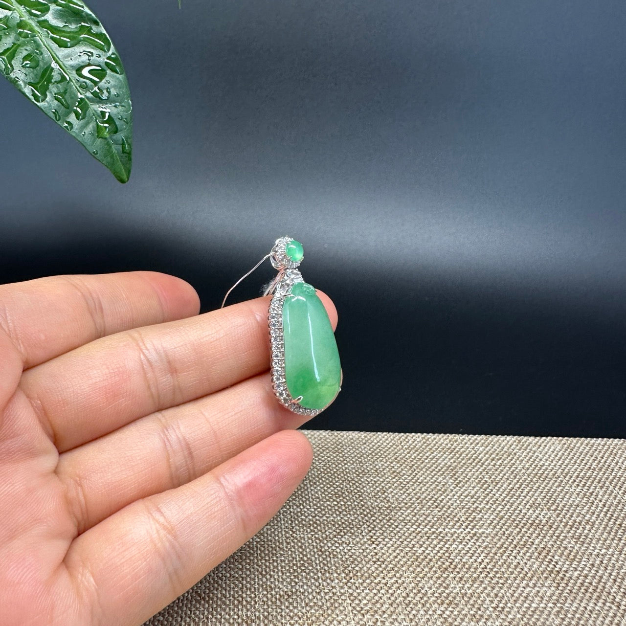 RealJade® Co. 18K White Gold Genuine Burmese Green Jadeite Jade Shou Tao Pendant