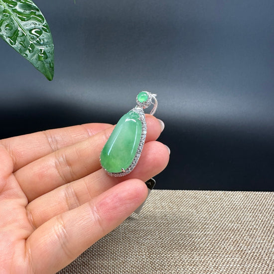 RealJade® Co. 18K White Gold Genuine Burmese Green Jadeite Jade Shou Tao Pendant