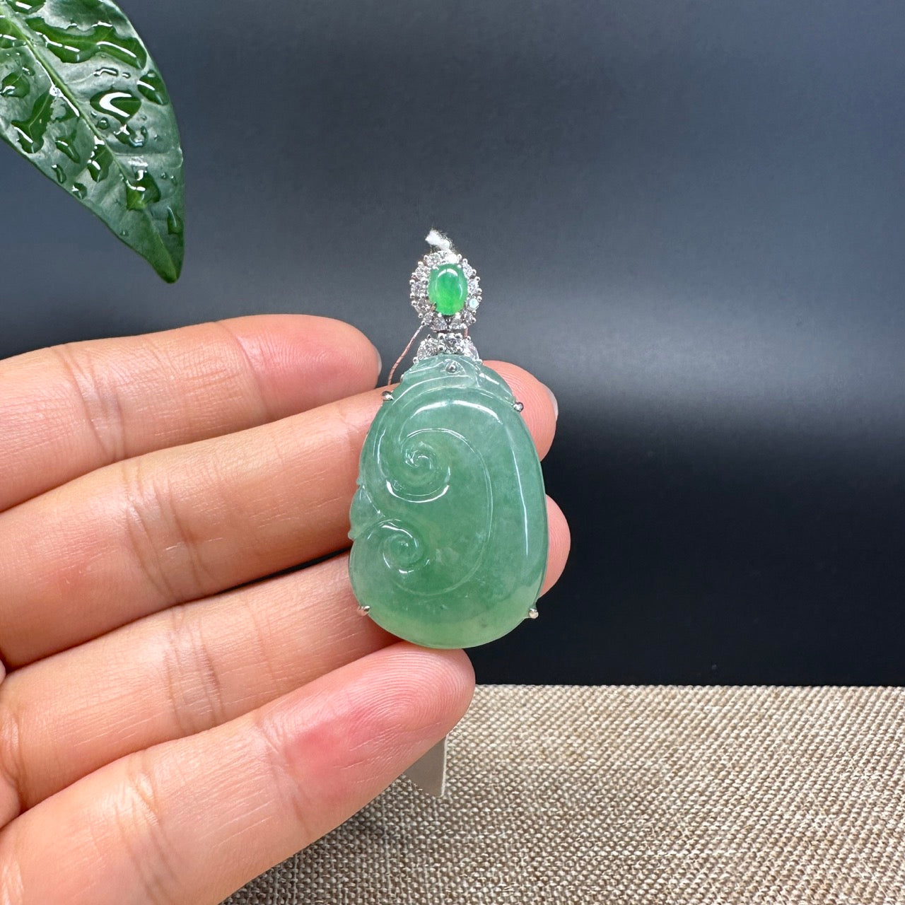 RealJade® Co. Genuine Burmese High Green Jadeite Jade Ru Yi Pendant with 18k Rose Gold Diamond Bail