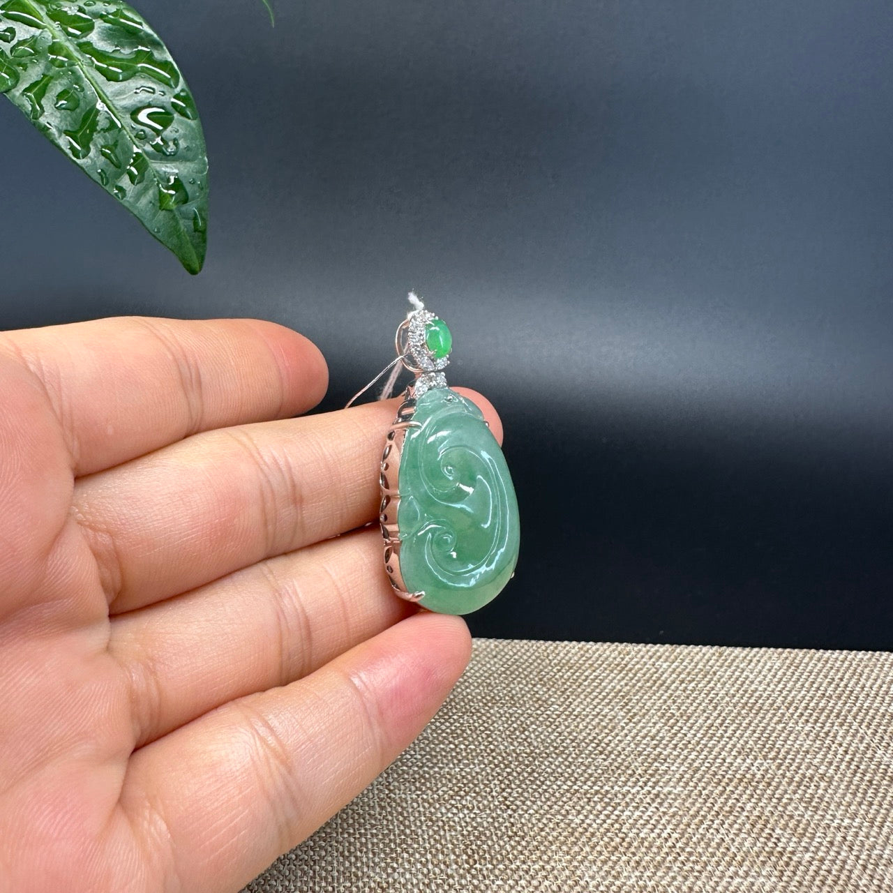 RealJade® Co. Genuine Burmese High Green Jadeite Jade Ru Yi Pendant with 18k Rose Gold Diamond Bail