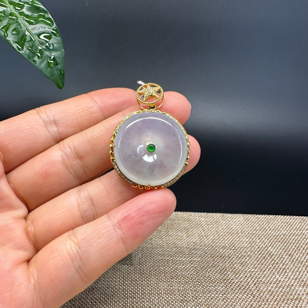 "Good Luck Button" Icy Jadeite Jade Lucky KouKou Pendant With 18K Yellow Gold Bail