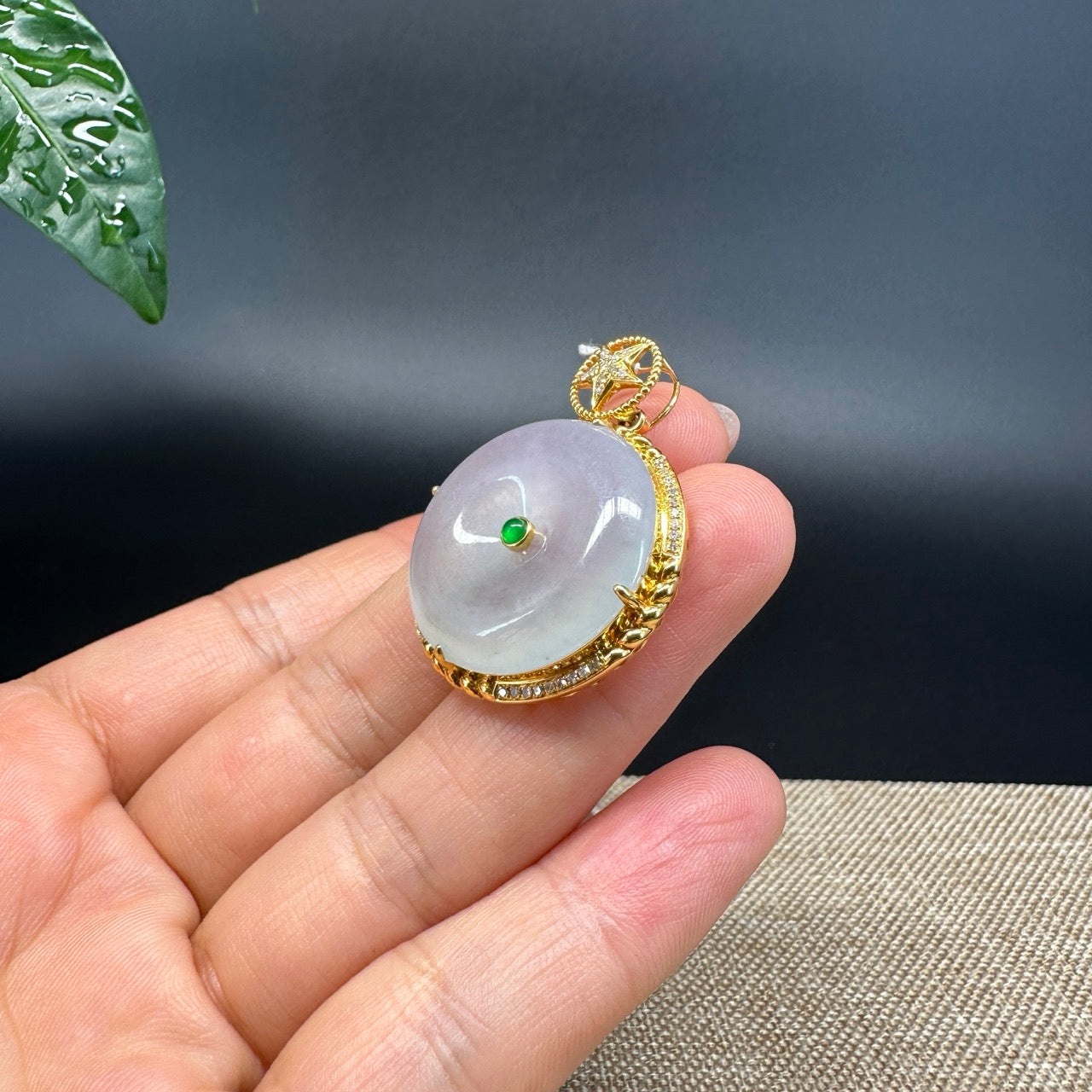 "Good Luck Button" Icy Jadeite Jade Lucky KouKou Pendant With 18K Yellow Gold Bail