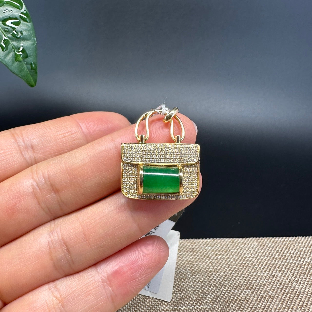 RealJade® Co. Genuine Burmese Imperial Jadeite Jade Bag Pendant with 18k Yellow Gold Diamond Bail