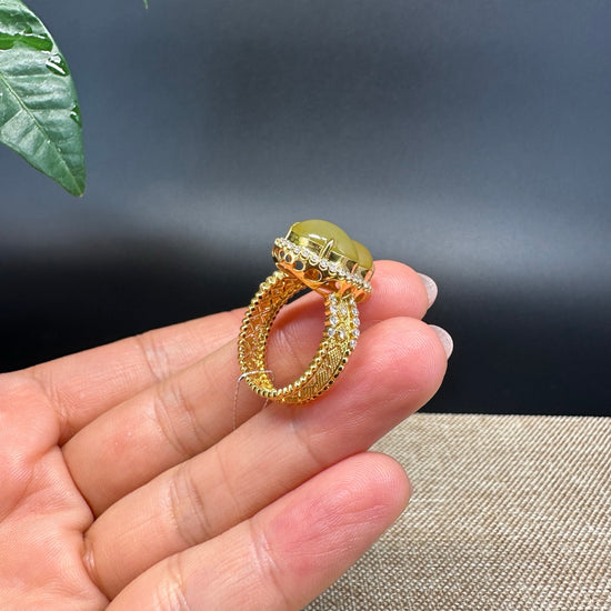 High-end 18k Yellow Gold Natural Ice Honey Yellow Jadeite Jade Hu Lu Engagement Ring