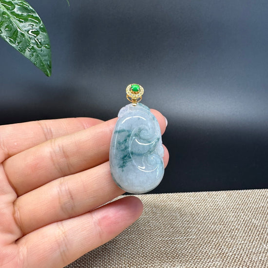 RealJade® Co. Genuine Blue Green Jadeite Jade Good Ru Yi Bottle Gourd Necklace With 18K Yellow Gold Bail