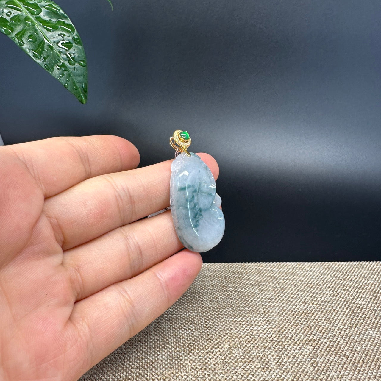 RealJade® Co. Genuine Blue Green Jadeite Jade Good Ru Yi Bottle Gourd Necklace With 18K Yellow Gold Bail