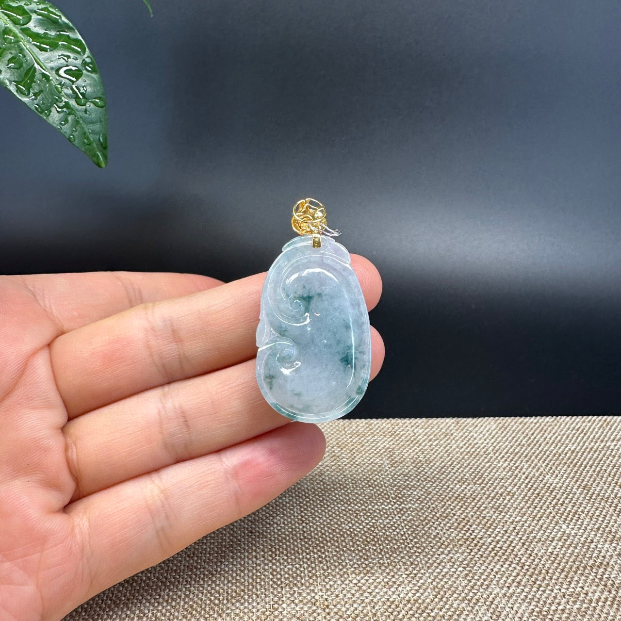 RealJade® Co. Genuine Blue Green Jadeite Jade Good Ru Yi Bottle Gourd Necklace With 18K Yellow Gold Bail