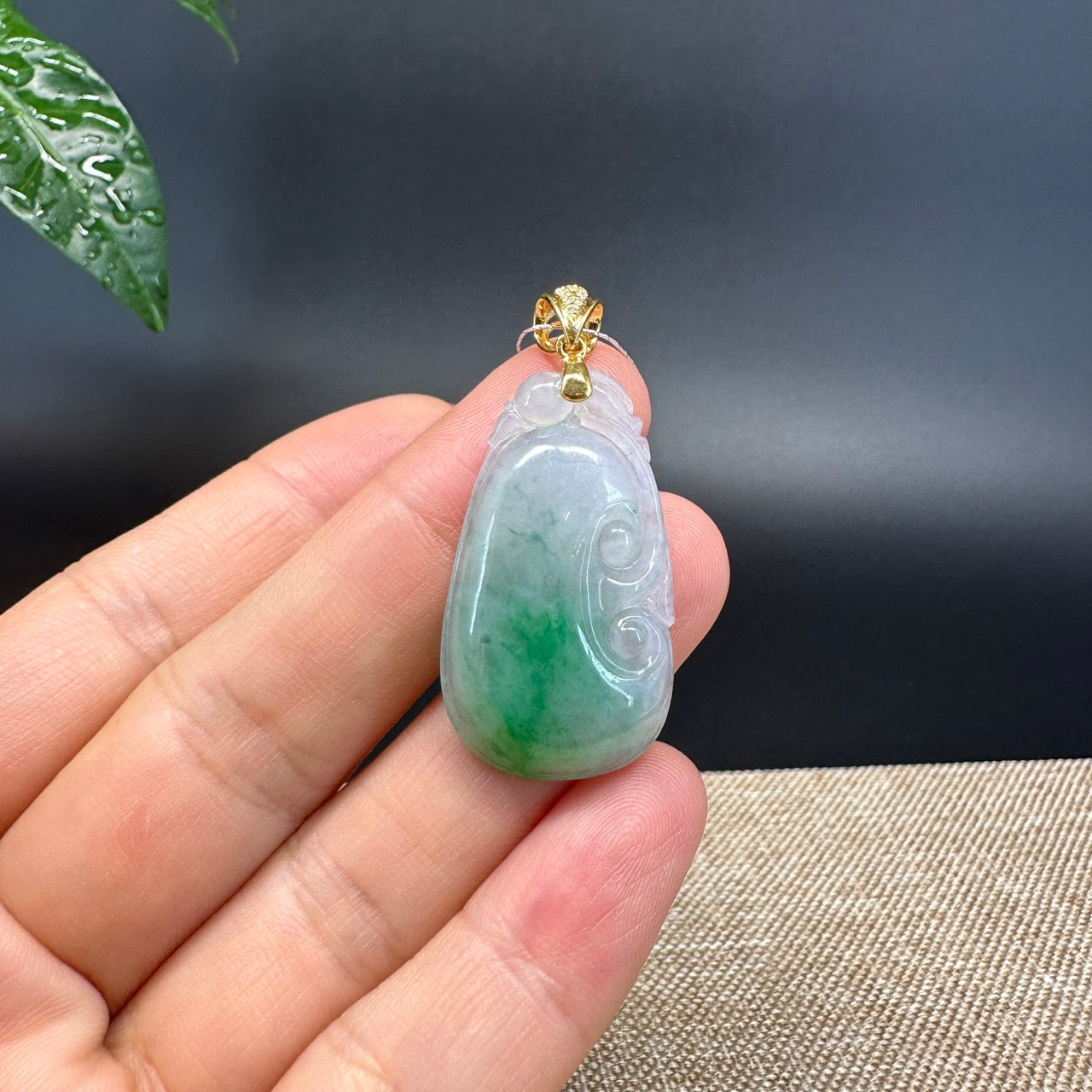 RealJade® Co. Genuine Ice Blue Green Jadeite Jade Good Ru Yi Bottle Gourd Necklace With 18K Yellow Gold Bail