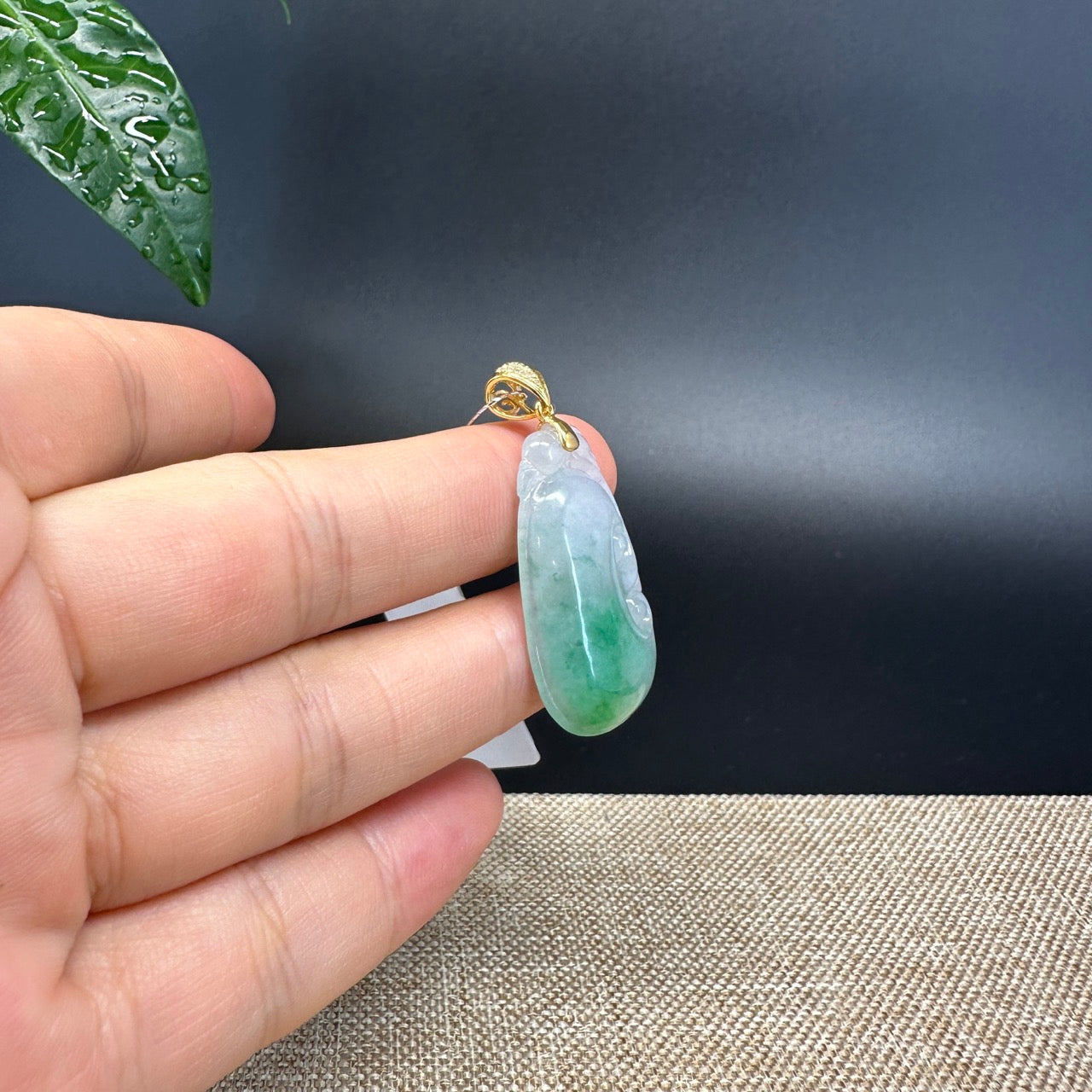 RealJade® Co. Genuine Ice Blue Green Jadeite Jade Good Ru Yi Bottle Gourd Necklace With 18K Yellow Gold Bail