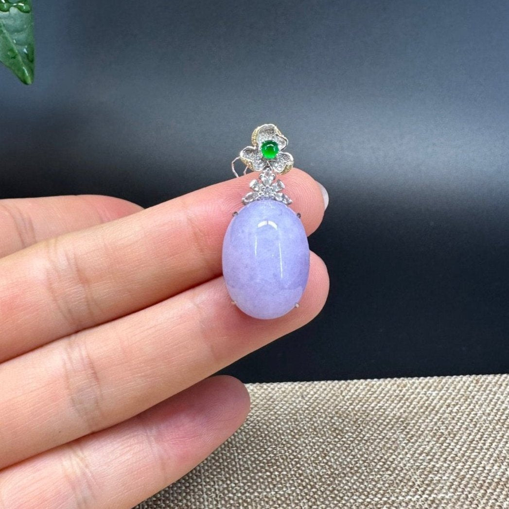 RealJade® Co. Genuine Lavender Cabochon Jadeite Jade  Necklace With 18K White Gold Bail