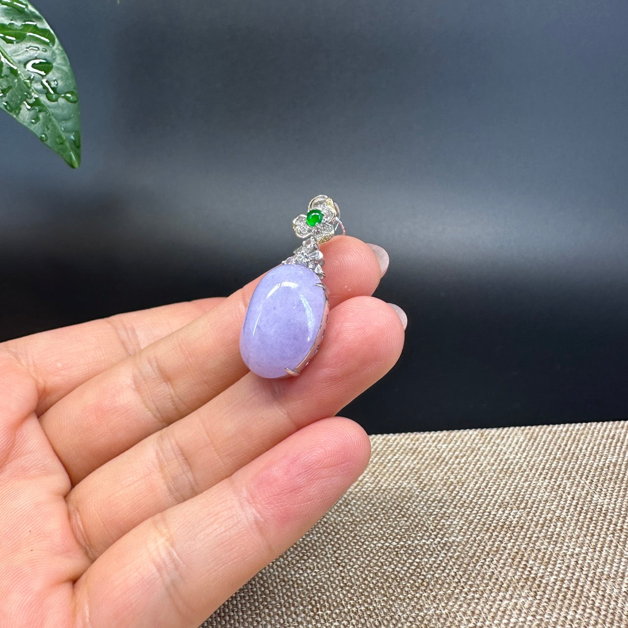 RealJade® Co. Genuine Lavender Cabochon Jadeite Jade  Necklace With 18K White Gold Bail