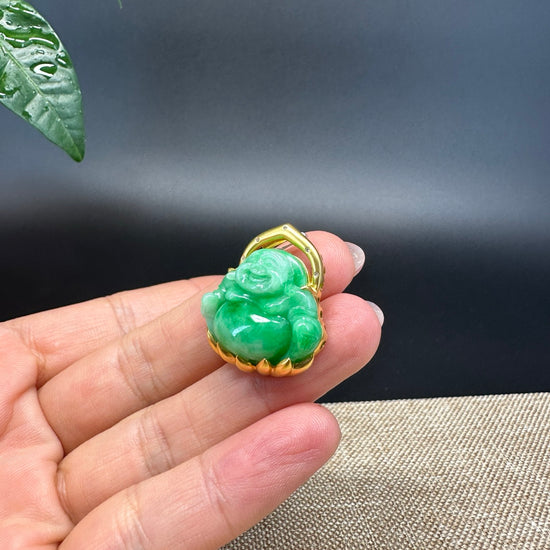 18K Yellow Gold Burmese Green Jadeite Jade Happy Buddha Pendant