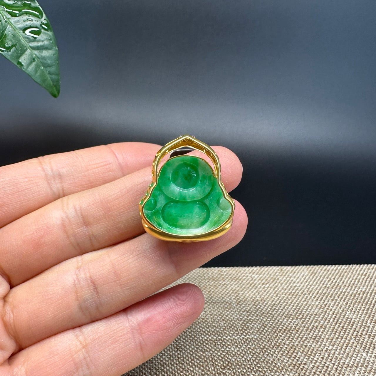 18K Yellow Gold Burmese Green Jadeite Jade Happy Buddha Pendant