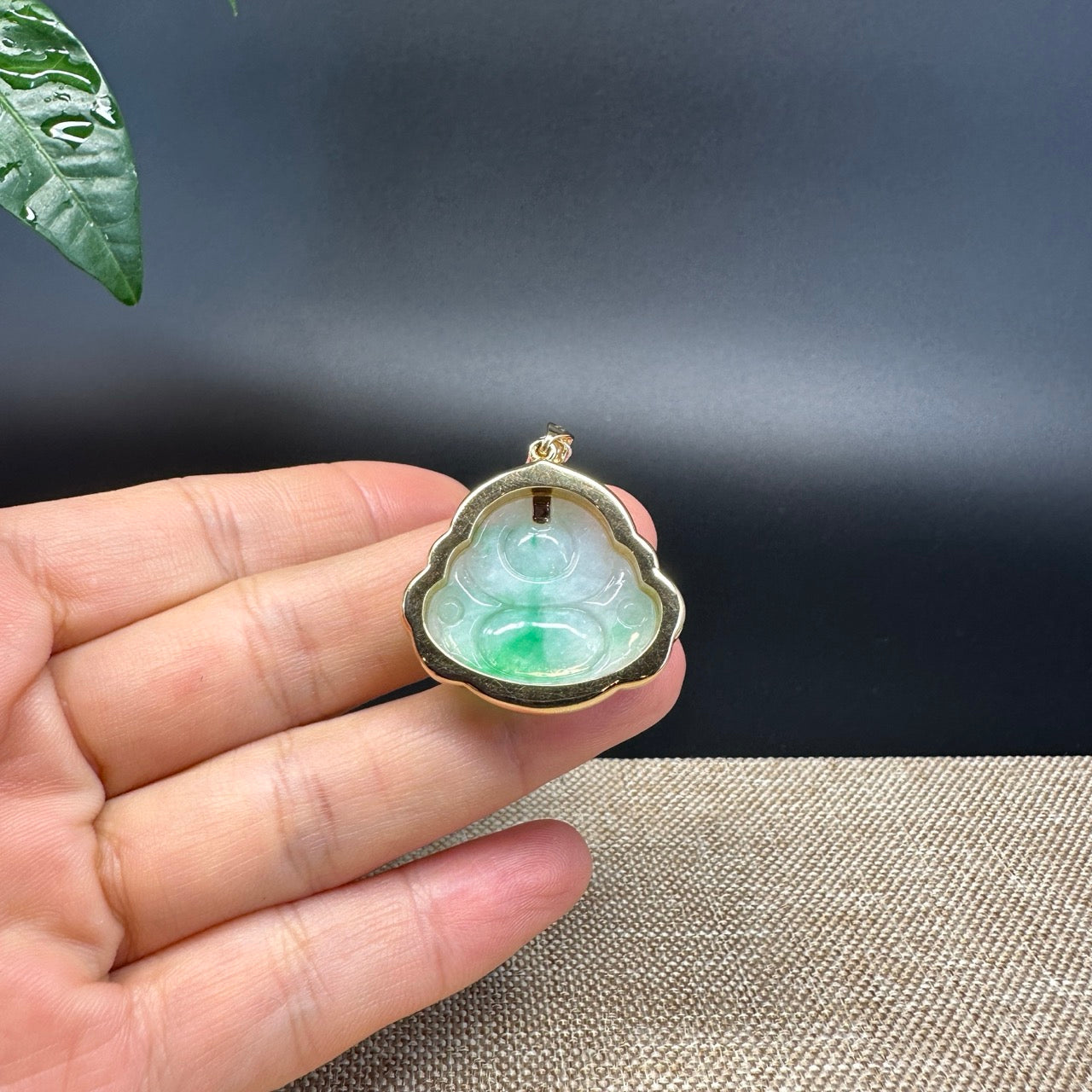 High-end 18K Yellow Gold Burmese White Green Jadeite Jade Happy Buddha Pendant with Diamond