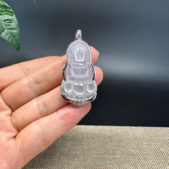 High-end 18K White Gold Burmese Icy Jadeite Jade Guanyin Pendant with Diamond