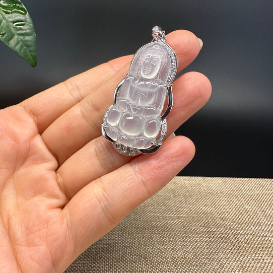 High-end 18K White Gold Burmese Icy Jadeite Jade Guanyin Pendant with Diamond