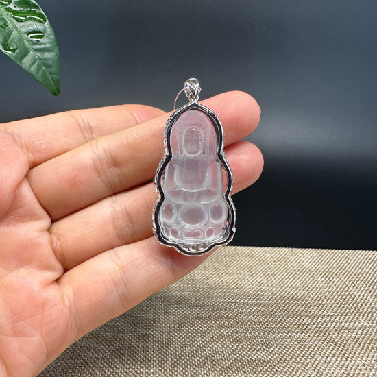 High-end 18K White Gold Burmese Icy Jadeite Jade Guanyin Pendant with Diamond