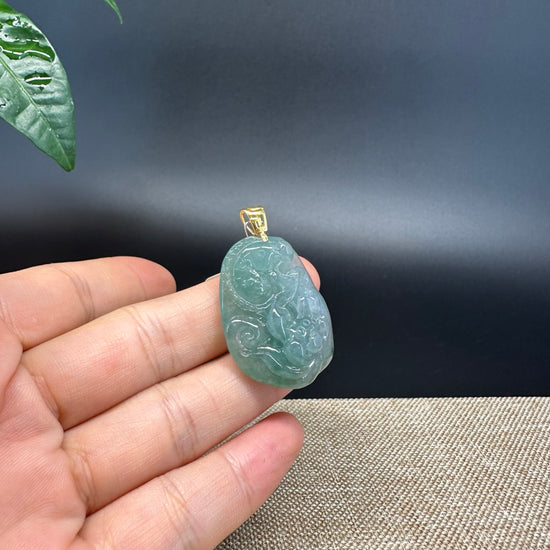 Natural 18K Yellow Gold Burmese Green Jadeite Jade Lotus Pendant