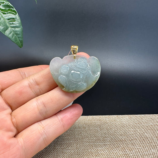 Burmese Green Jadeite Jade Happy Buddha Pendant With 18K Gold Bail