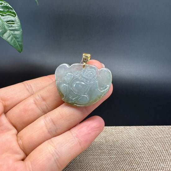 Burmese Green Jadeite Jade Happy Buddha Pendant With 18K Gold Bail