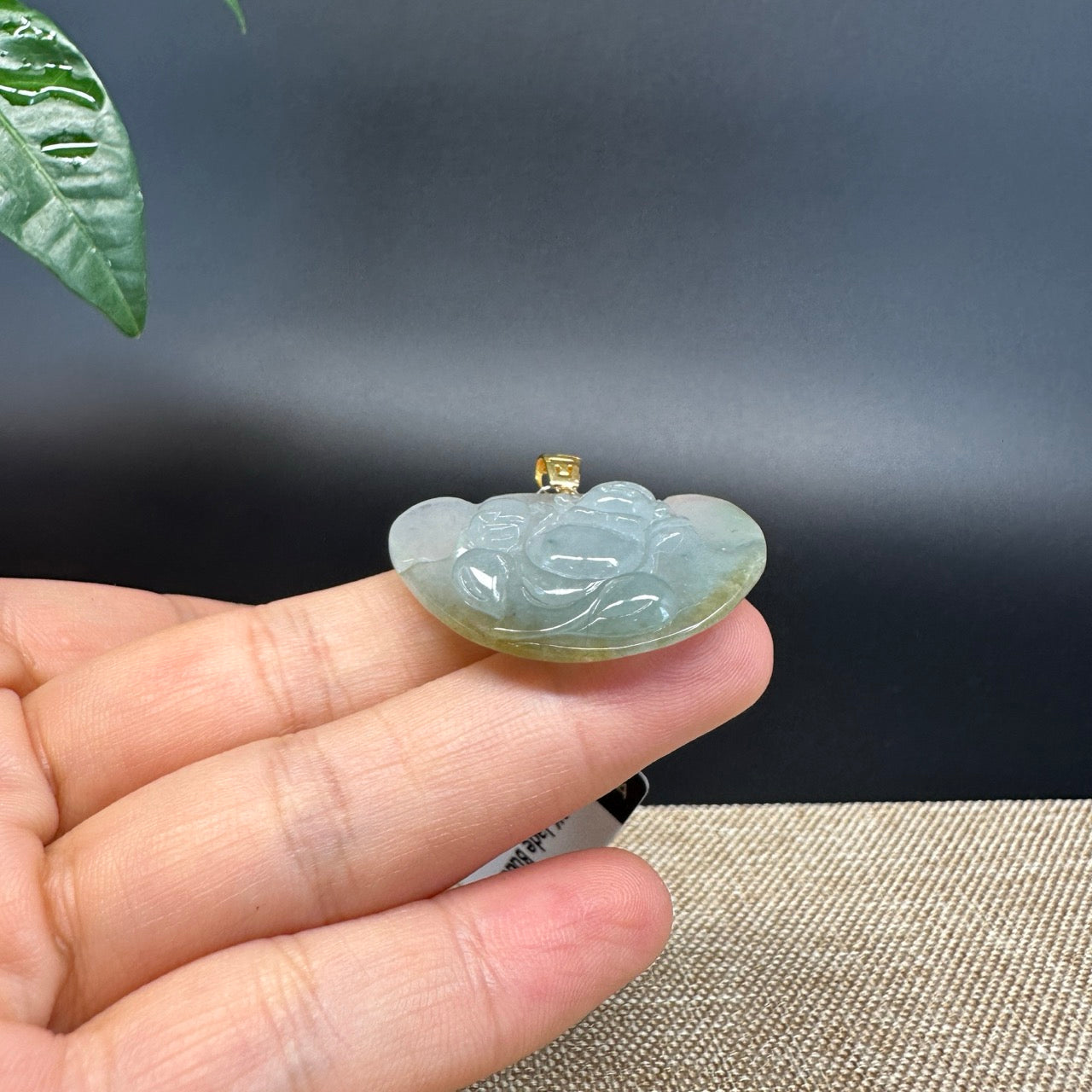 Burmese Green Jadeite Jade Happy Buddha Pendant With 18K Gold Bail