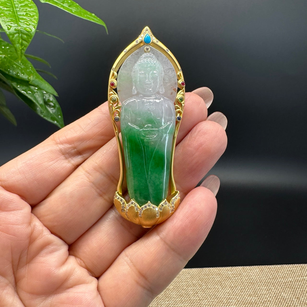 High-end 18K Yellow Gold  Burnese White Green Jadeite Jade Guanyin Pendant with Diamond