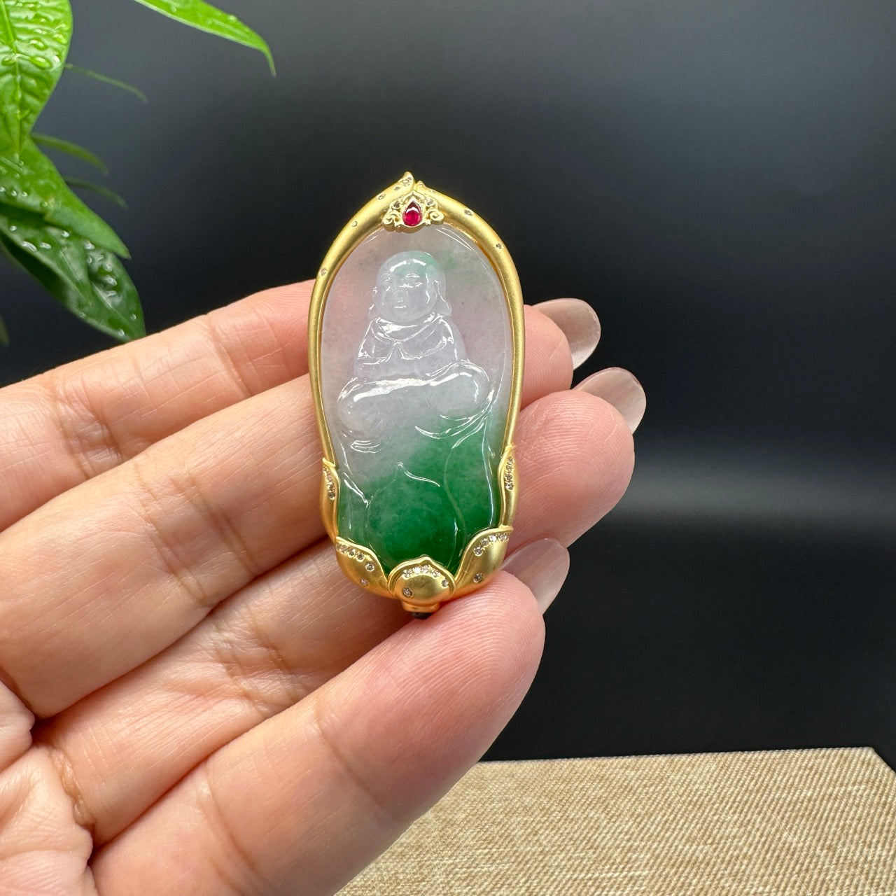 High-end 18K Yellow Gold  Burmese White Green Jadeite Jade Tongzi Pendant with Diamond