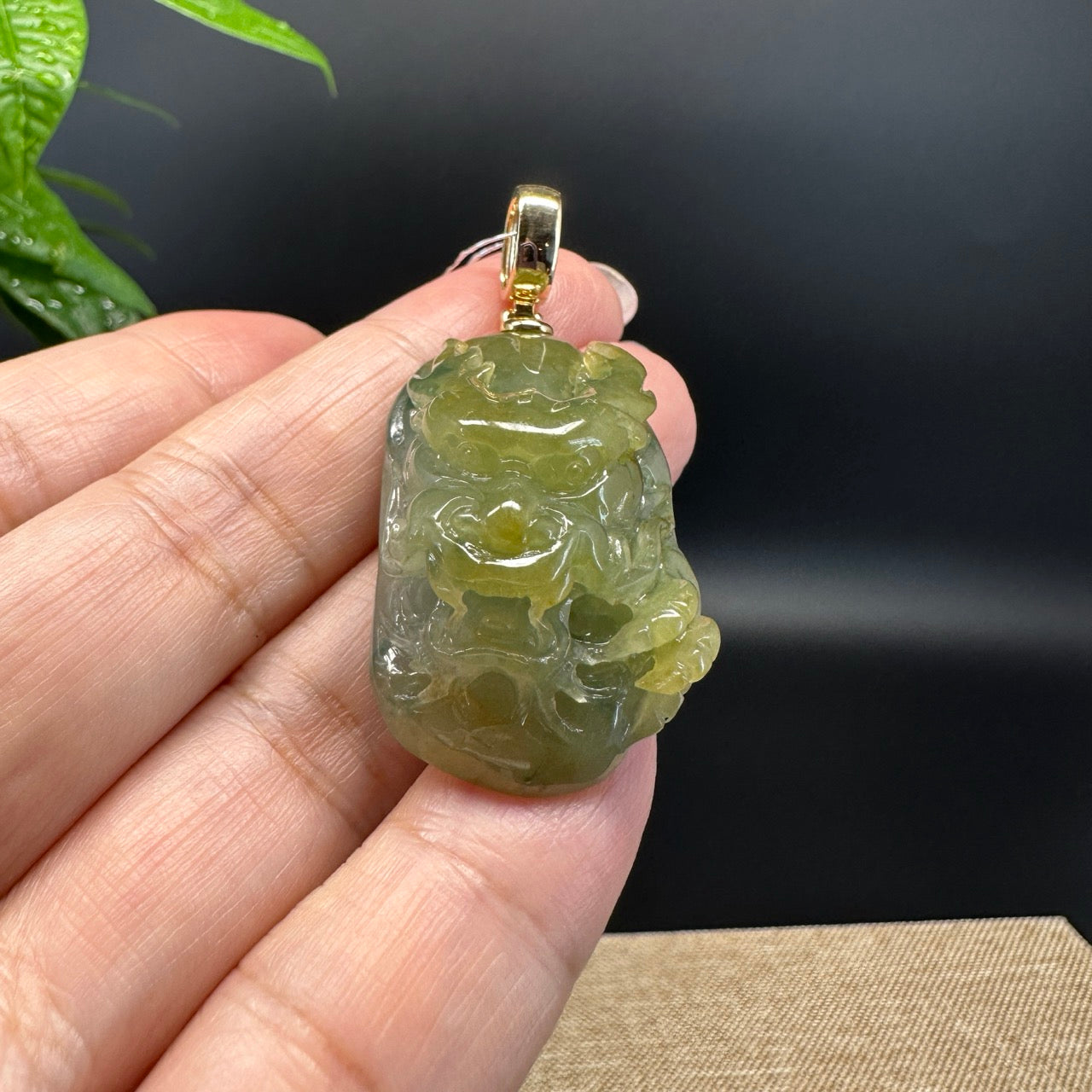 Burmese Yellow Green Jadeite Jade Dragon Pendant with 19k Yellow Gold Bail