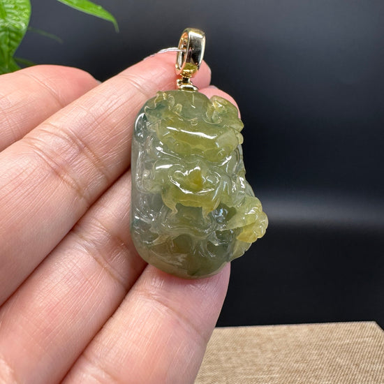 Burmese Yellow Green Jadeite Jade Dragon Pendant with 19k Yellow Gold Bail