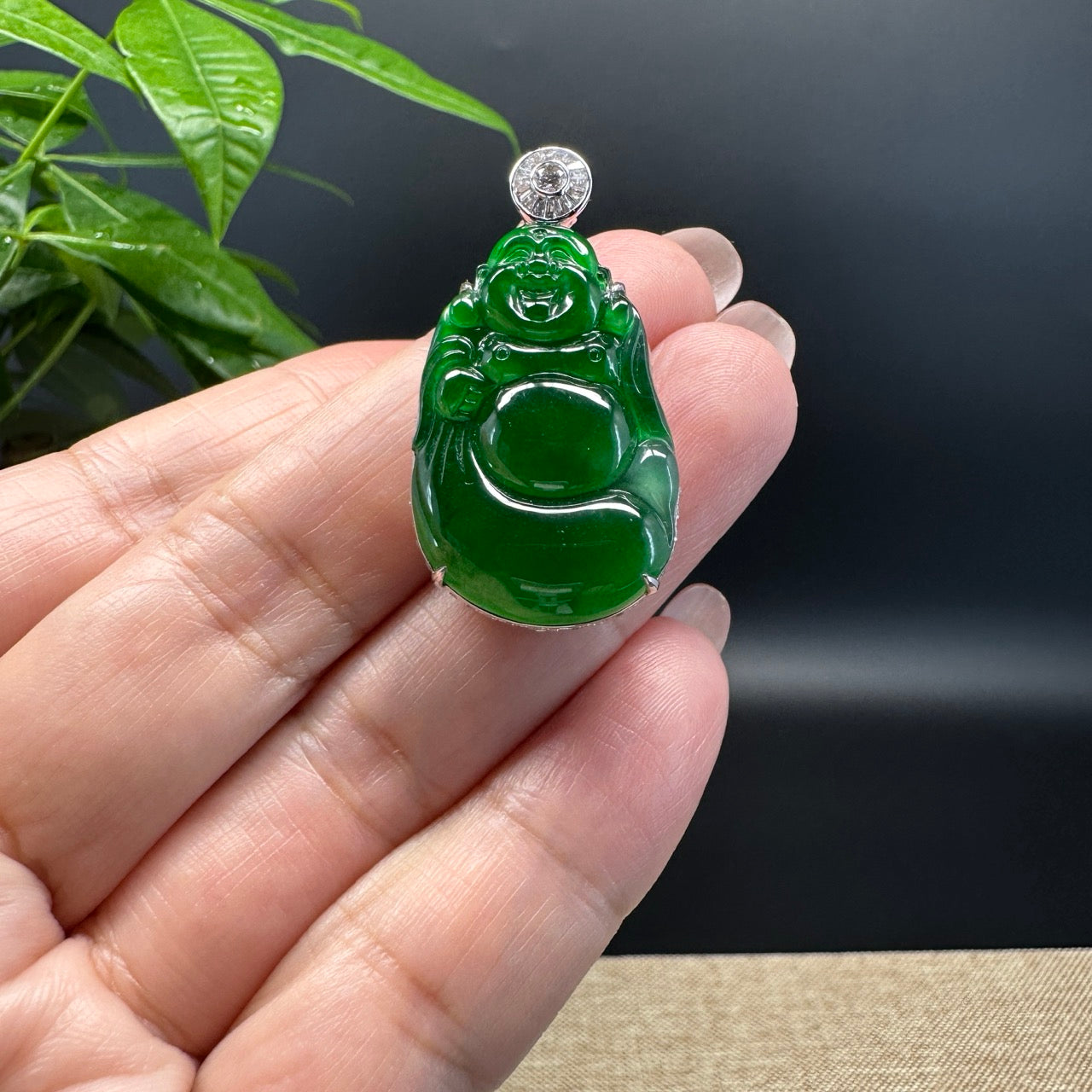 High-end 18K White Gold Guatemala Green Jadeite Jade Happy Buddha Pendant with Diamond