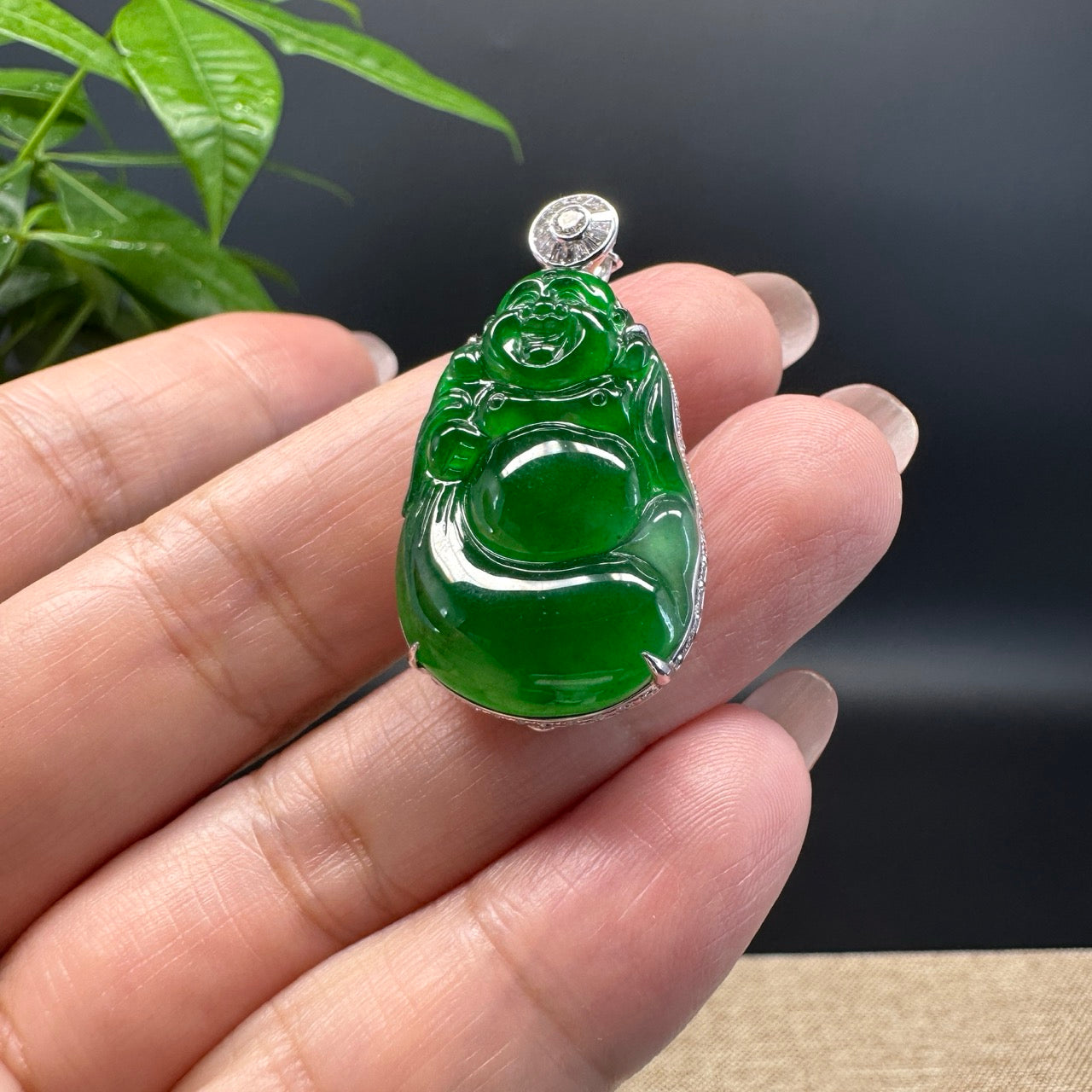 High-end 18K White Gold Guatemala Green Jadeite Jade Happy Buddha Pendant with Diamond