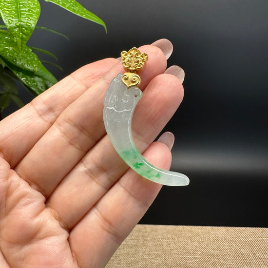 High-end 18K Yellow Gold Burmese Icy Green Jadeite Jade Tiger Tooth Pendant