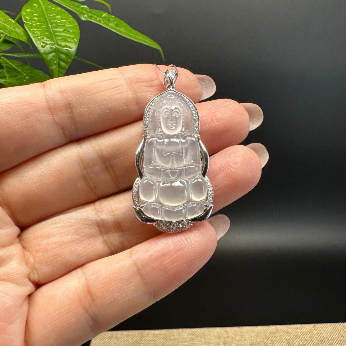 High-end 18K White Gold Burmese Icy Jadeite Jade Guanyin Pendant with Diamond