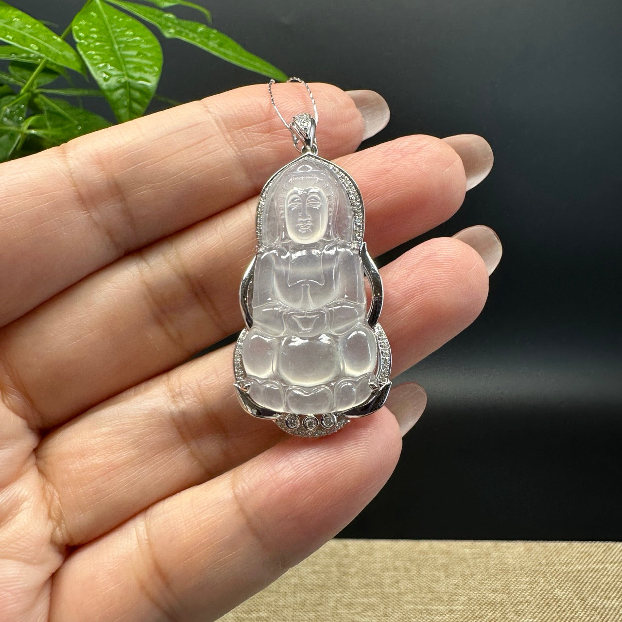 High-end 18K White Gold Burmese Icy Jadeite Jade Guanyin Pendant with Diamond