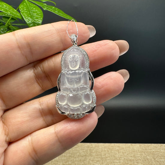 High-end 18K White Gold Burmese Icy Jadeite Jade Guanyin Pendant with Diamond