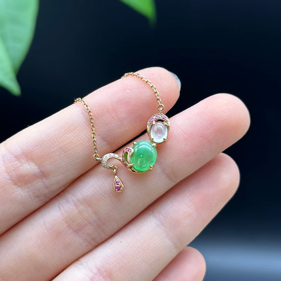 RealJade 18k Rose Gold Jadeite Jade Diamond Bubble Pendant Necklace