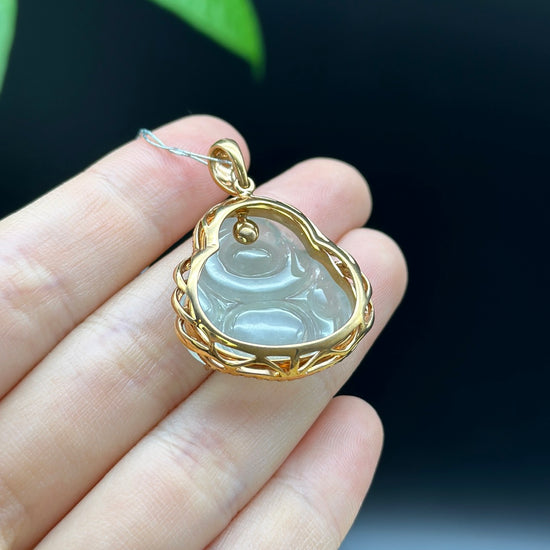 RealJade® "Laughing Buddha" 18k Rose Gold Genuine Ice Jadeite Jade Pendant