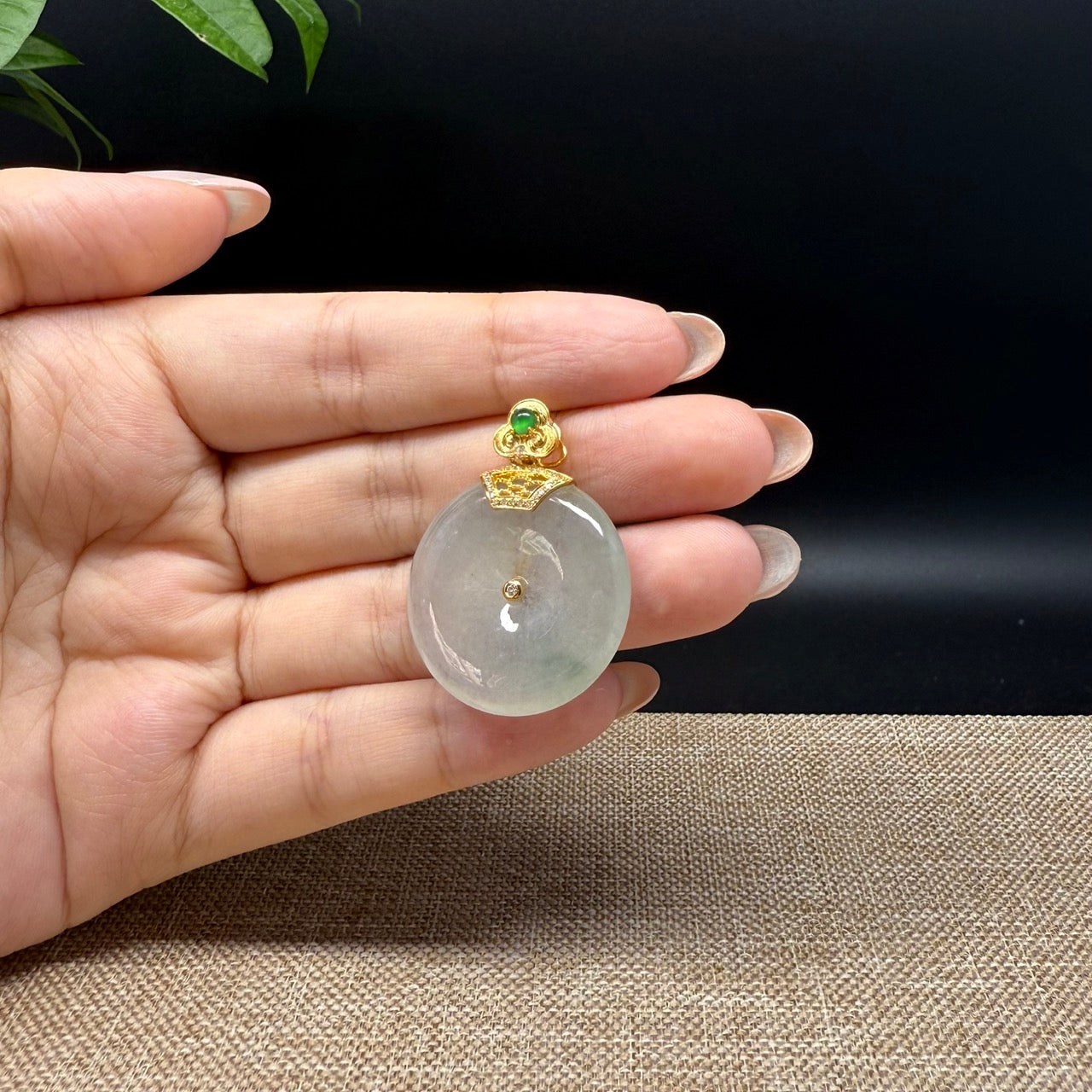 "Good Luck Button"Icy Green Jadeite Jade Lucky KouKou Pendant With 18K Yellow Gold Bail