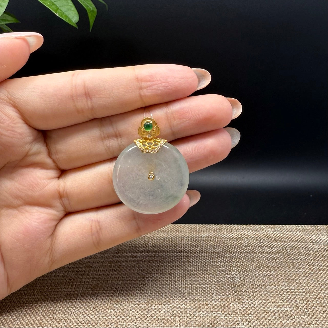 "Good Luck Button"Icy Green Jadeite Jade Lucky KouKou Pendant With 18K Yellow Gold Bail