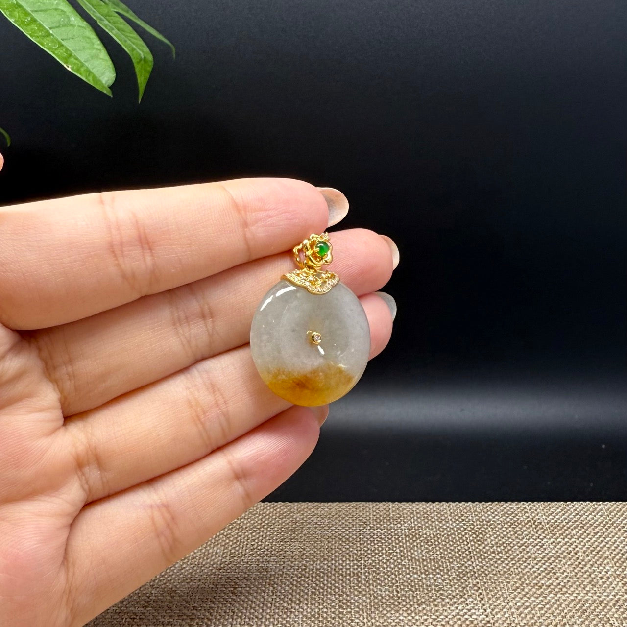 "Good Luck Button"Yellow Jadeite Jade Lucky KouKou Pendant With 18K Yellow Gold Bail