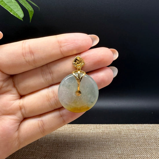 "Good Luck Button"Icy Yellow Green Jadeite Jade Lucky KouKou Pendant With 18K Yellow Gold Bail