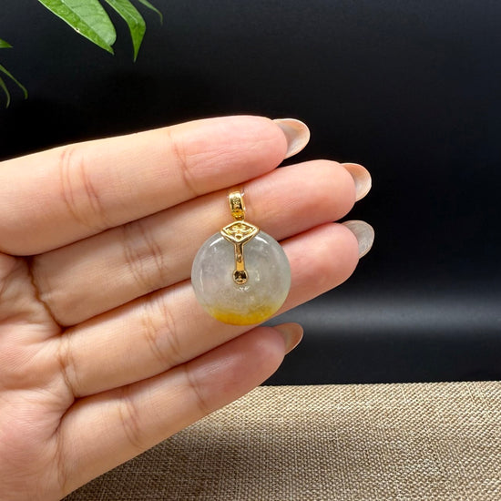 "Good Luck Button"Icy Yellow Green Jadeite Jade Lucky KouKou Pendant With 18K Yellow Gold Bail