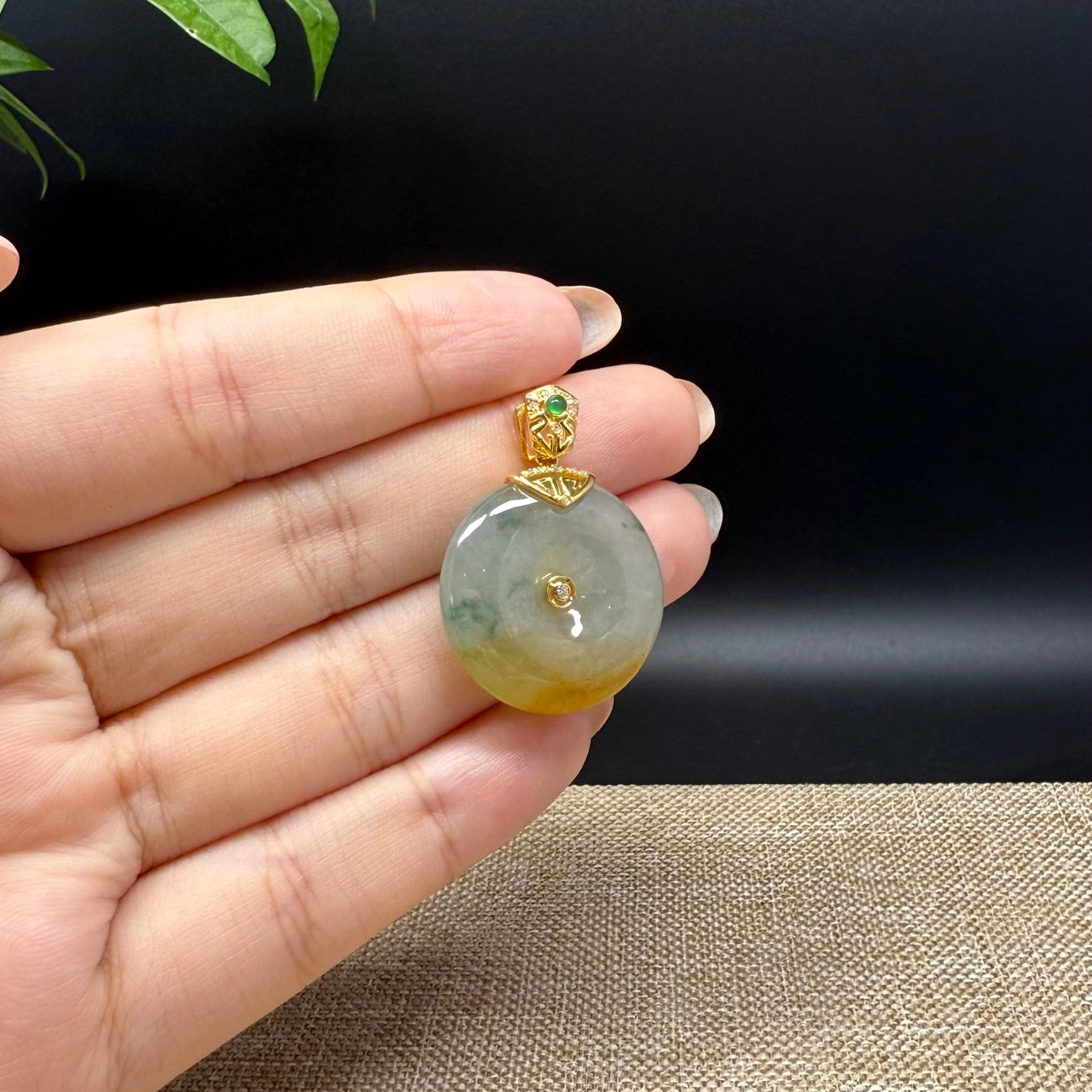 "Good Luck Button"Icy Yellow Green Jadeite Jade Lucky KouKou Pendant With 18K Yellow Gold Bail