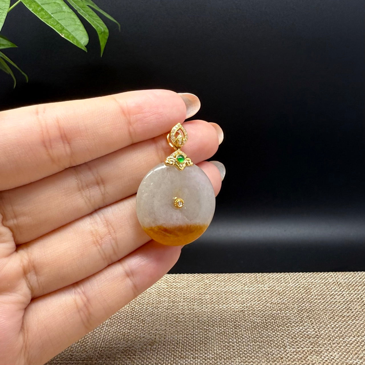 "Good Luck Button" Yellow Jadeite Jade Lucky KouKou Pendant With 18K Yellow Gold Bail