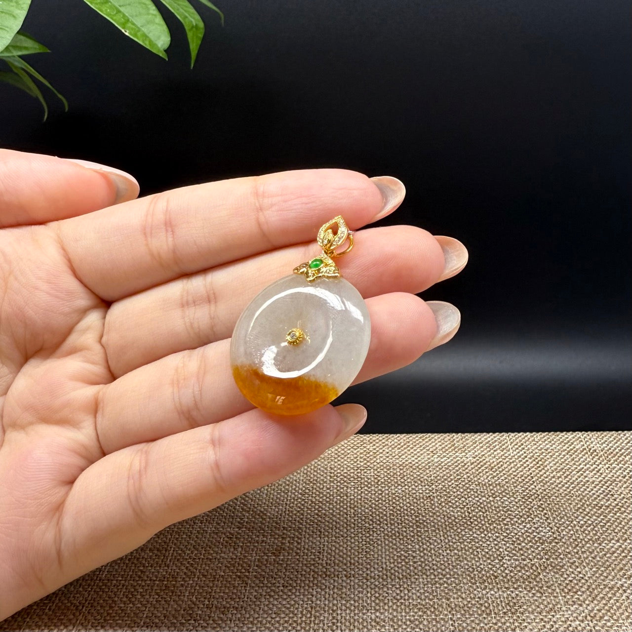 "Good Luck Button" Yellow Jadeite Jade Lucky KouKou Pendant With 18K Yellow Gold Bail