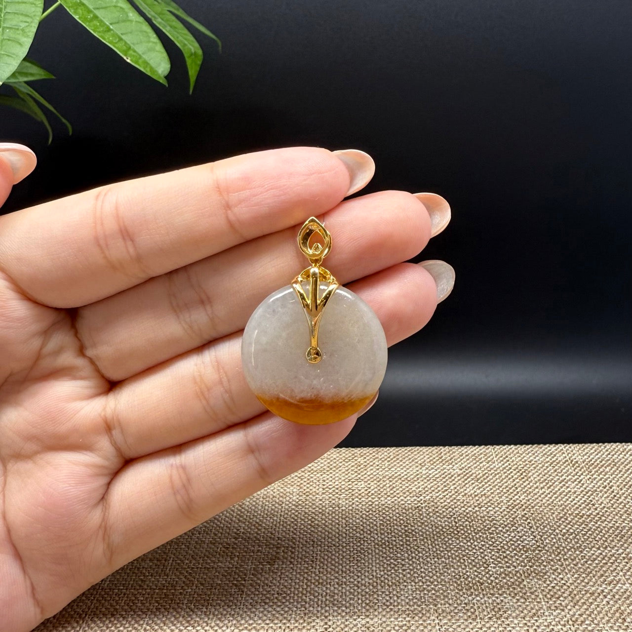 "Good Luck Button" Yellow Jadeite Jade Lucky KouKou Pendant With 18K Yellow Gold Bail