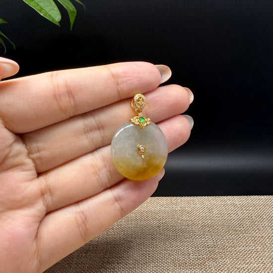 "Good Luck Button" icy Yellow Jadeite Jade Lucky KouKou Pendant With 18K Yellow Gold Bail