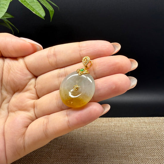 "Good Luck Button" icy Yellow Jadeite Jade Lucky KouKou Pendant With 18K Yellow Gold Bail